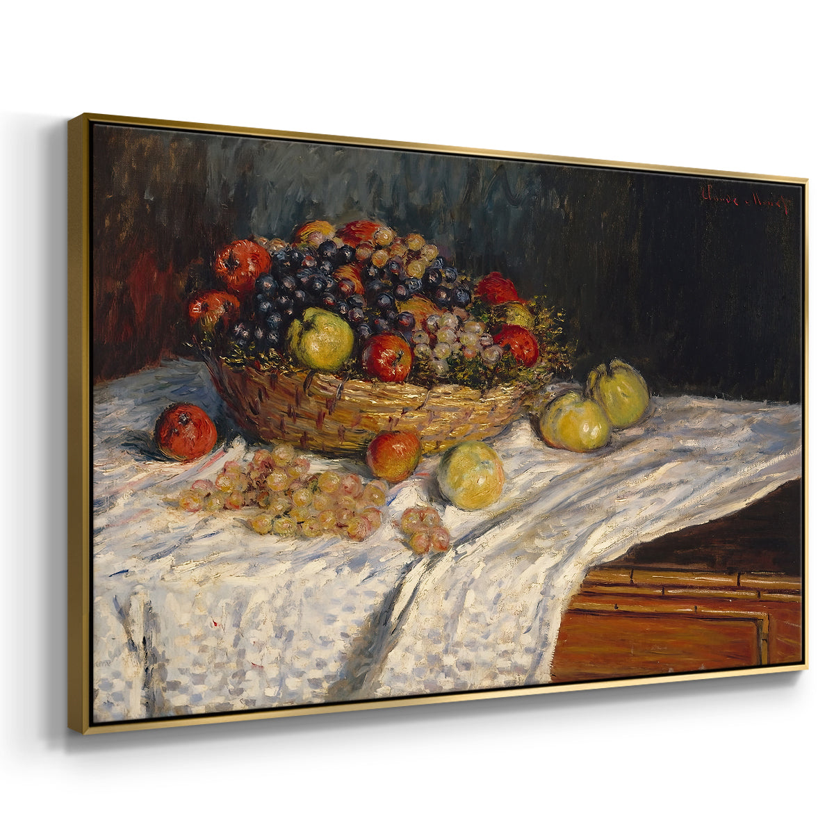 Angled view of Still Life with Apples and Grapes, 1880 by Claude Monet in a gold floater framed canvas.