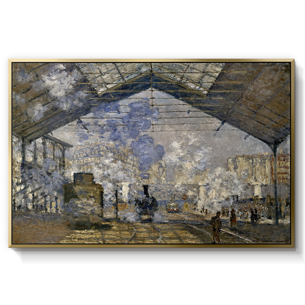 The Gare Saint-Lazare, 1877 by Claude Monet in a gold floater framed canvas wall art display.