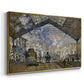 Angled view of The Gare Saint-Lazare, 1877 by Claude Monet in a gold floater framed canvas.