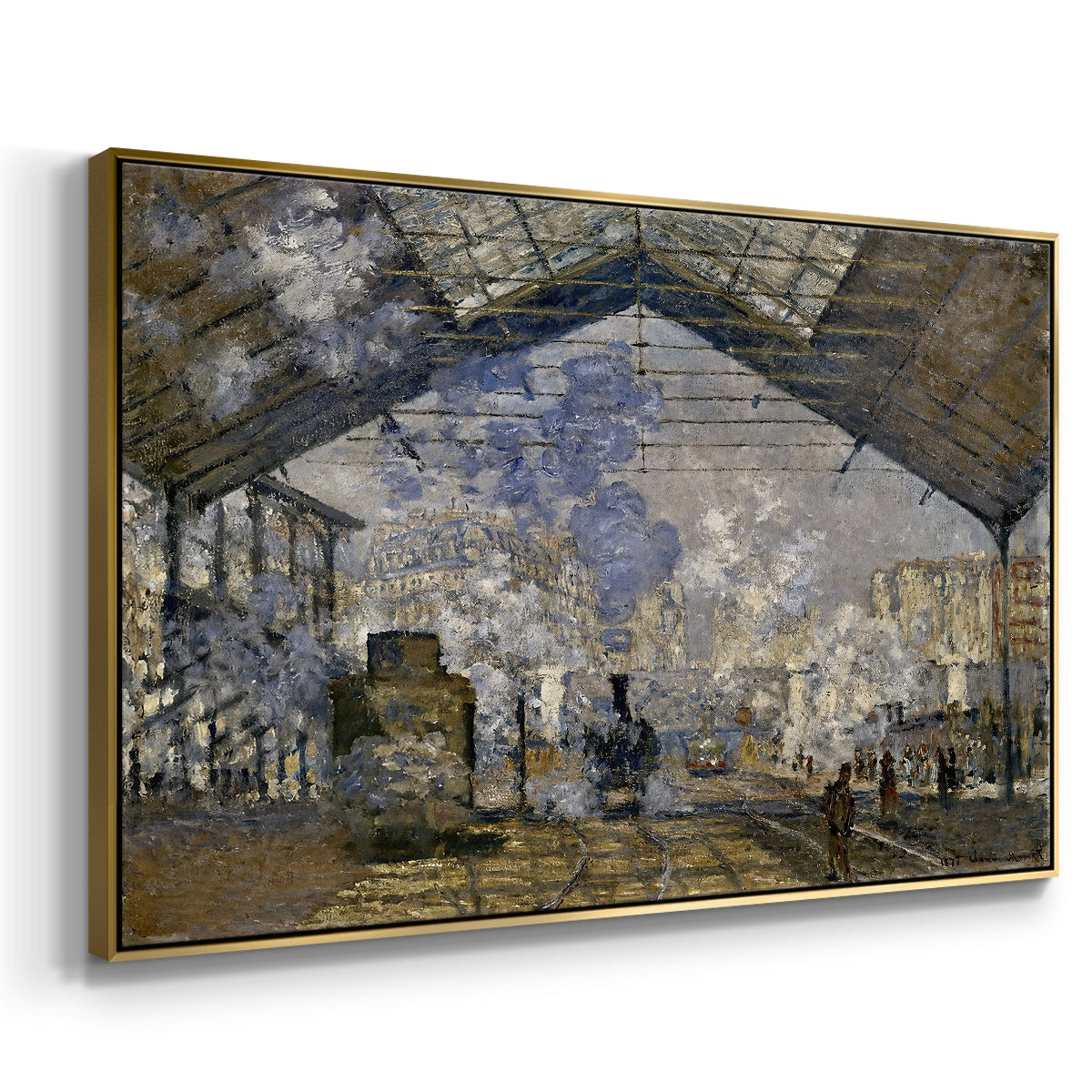 Angled view of The Gare Saint-Lazare, 1877 by Claude Monet in a gold floater framed canvas.