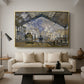 The Gare Saint-Lazare, 1877 by Claude Monet as a gold floater framed canvas featuring a train station interior filled with steam and locomotives under iron structure, displayed above a sofa in a modern living room.