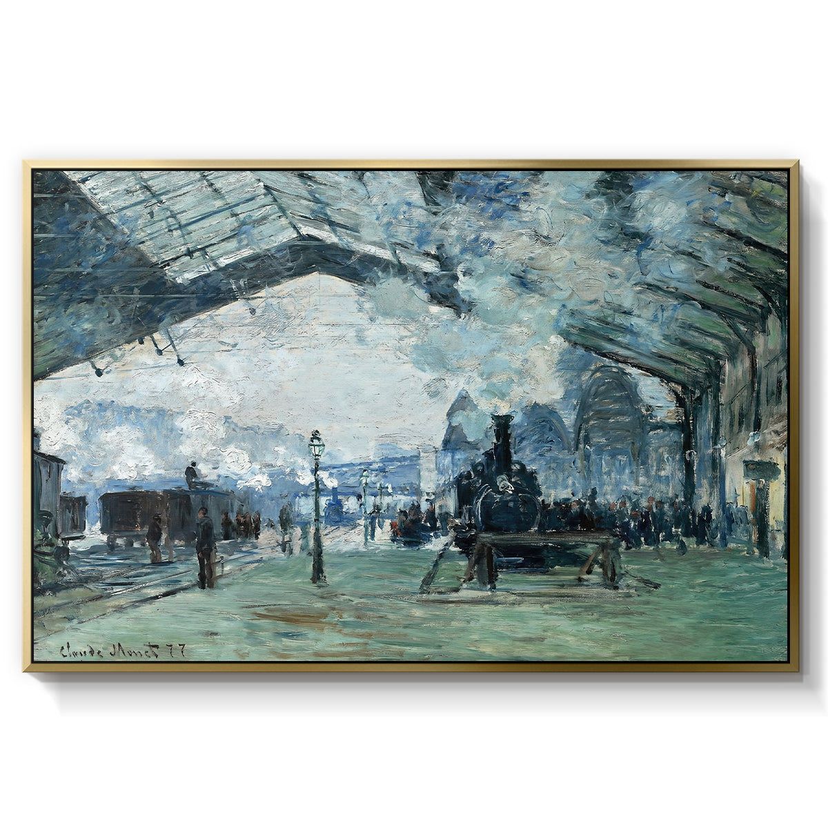 The Saint-Lazare Station, 1877 by Claude Monet in a gold floater framed canvas wall art display.