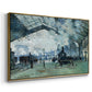 Angled view of The Saint-Lazare Station, 1877 by Claude Monet in a gold floater framed canvas.
