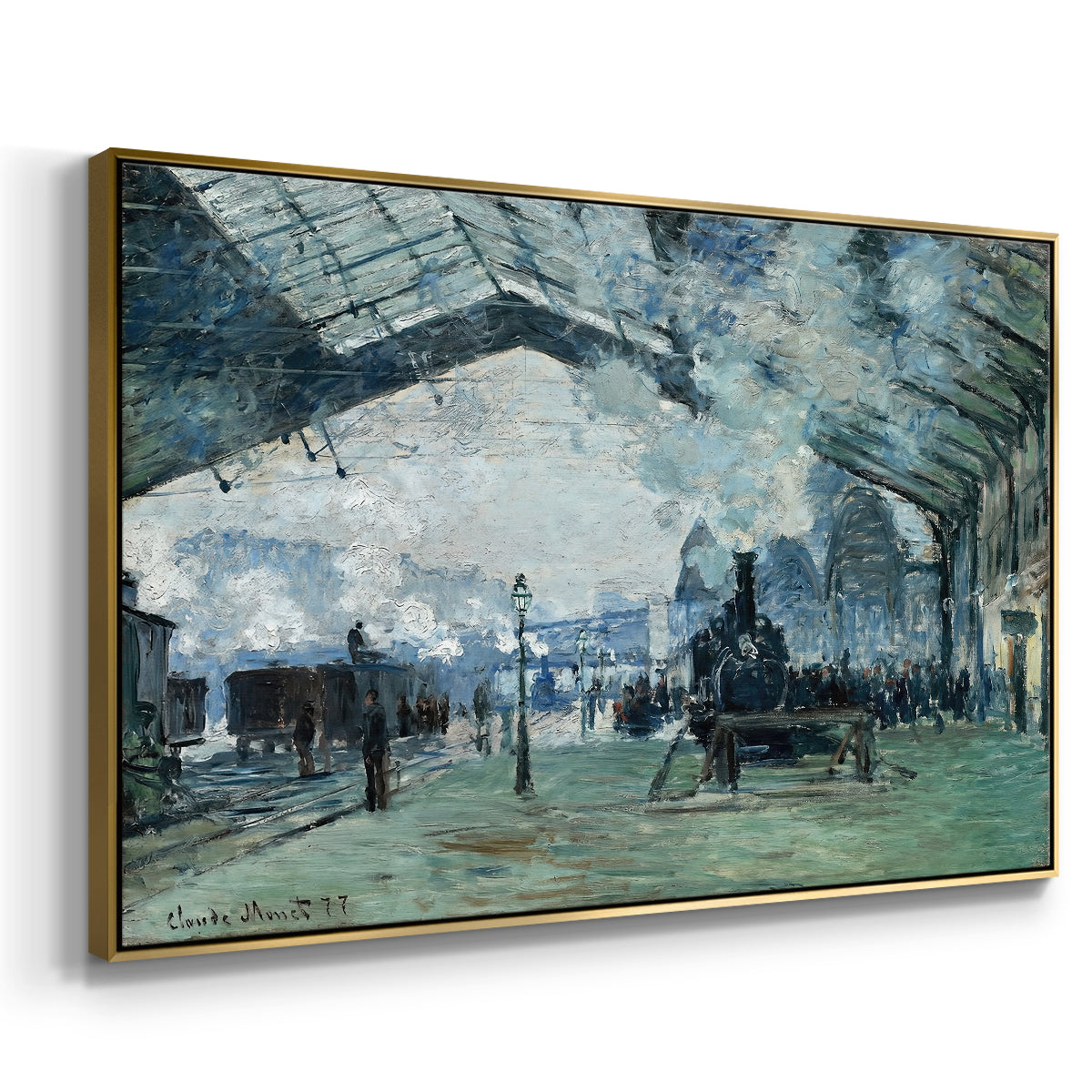 Angled view of The Saint-Lazare Station, 1877 by Claude Monet in a gold floater framed canvas.