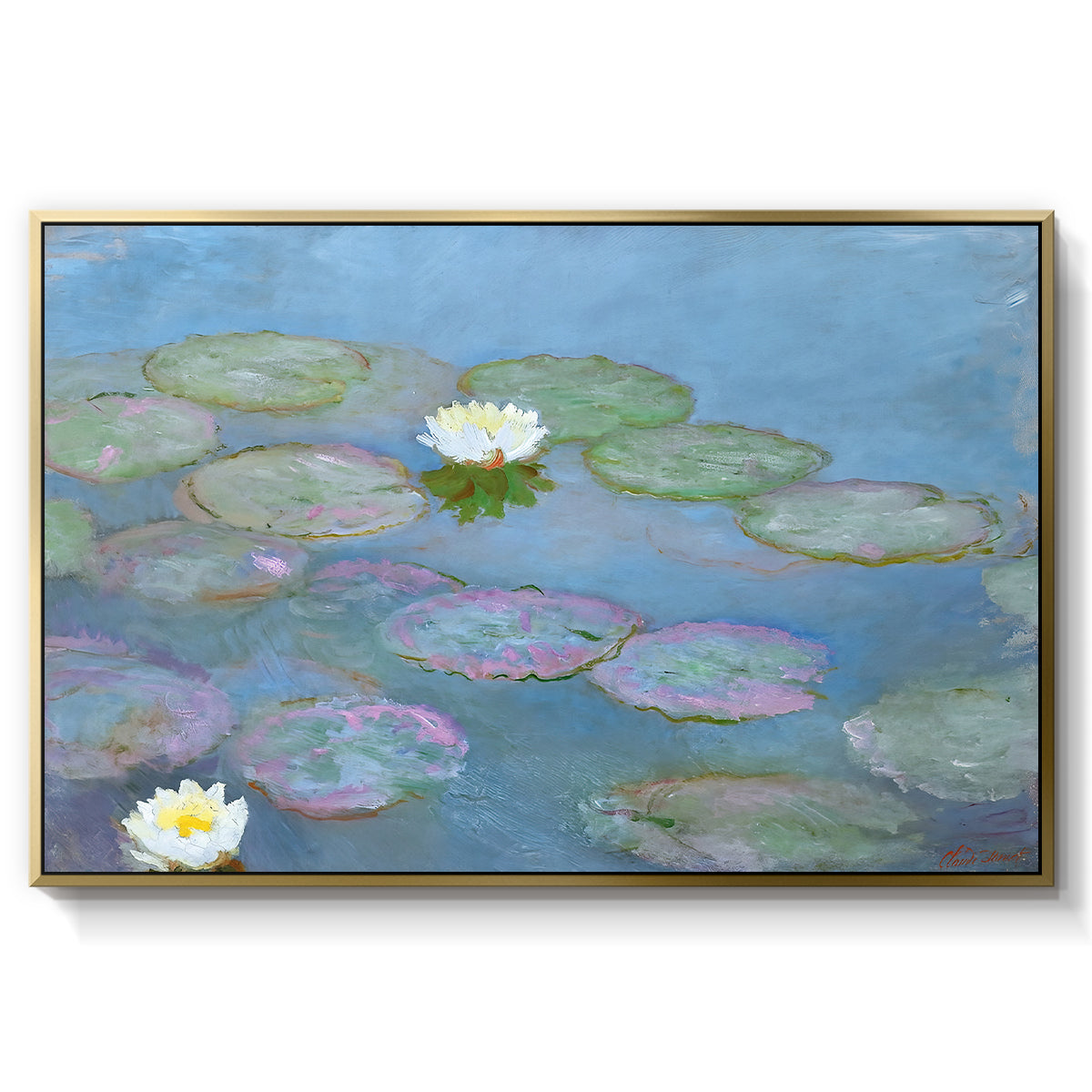 Water Lilies (Nymphéas), 1897-1899 by Claude Monet in a gold floater framed canvas wall art display.