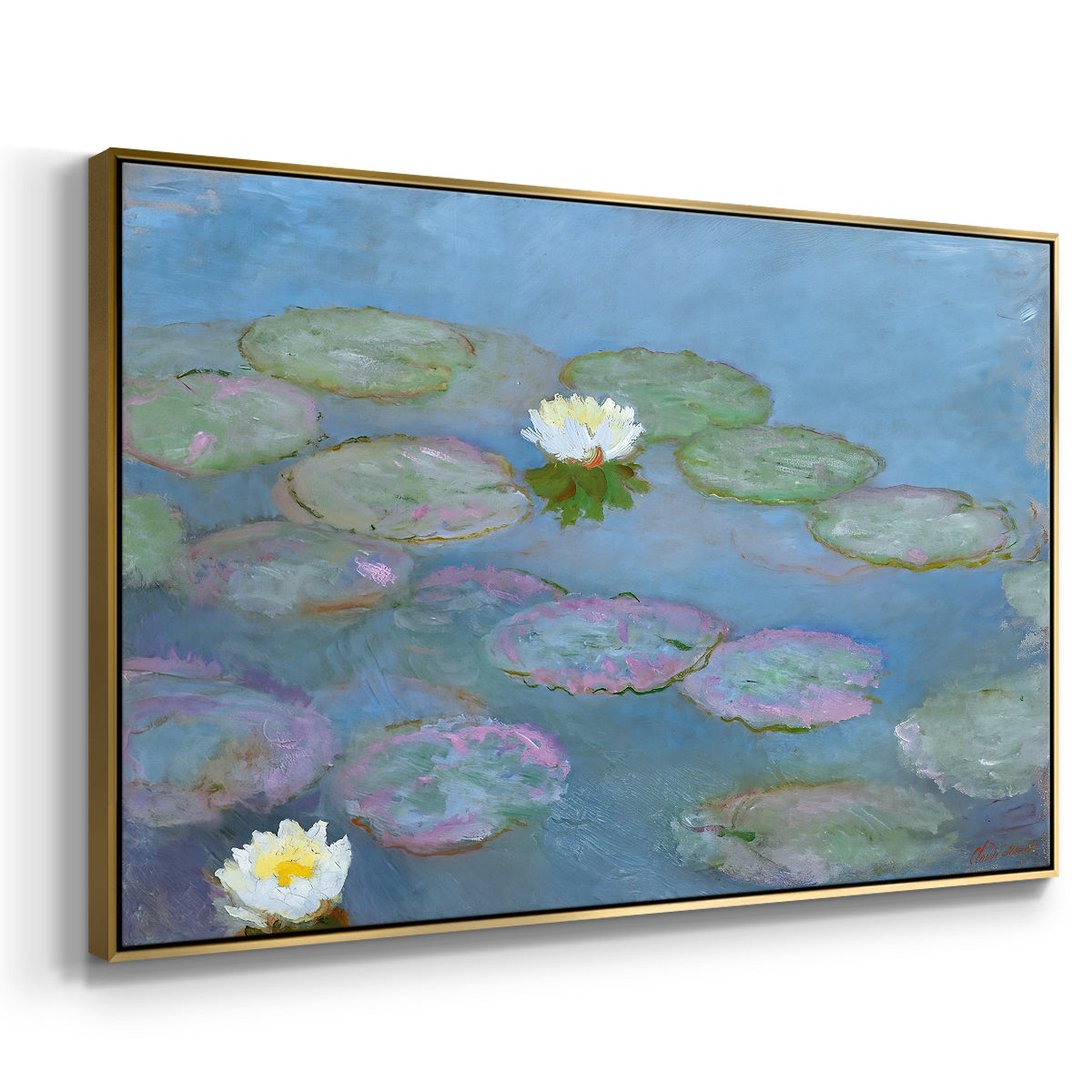 Angled view of Water Lilies (Nymphéas), 1897-1899 by Claude Monet in a gold floater framed canvas.