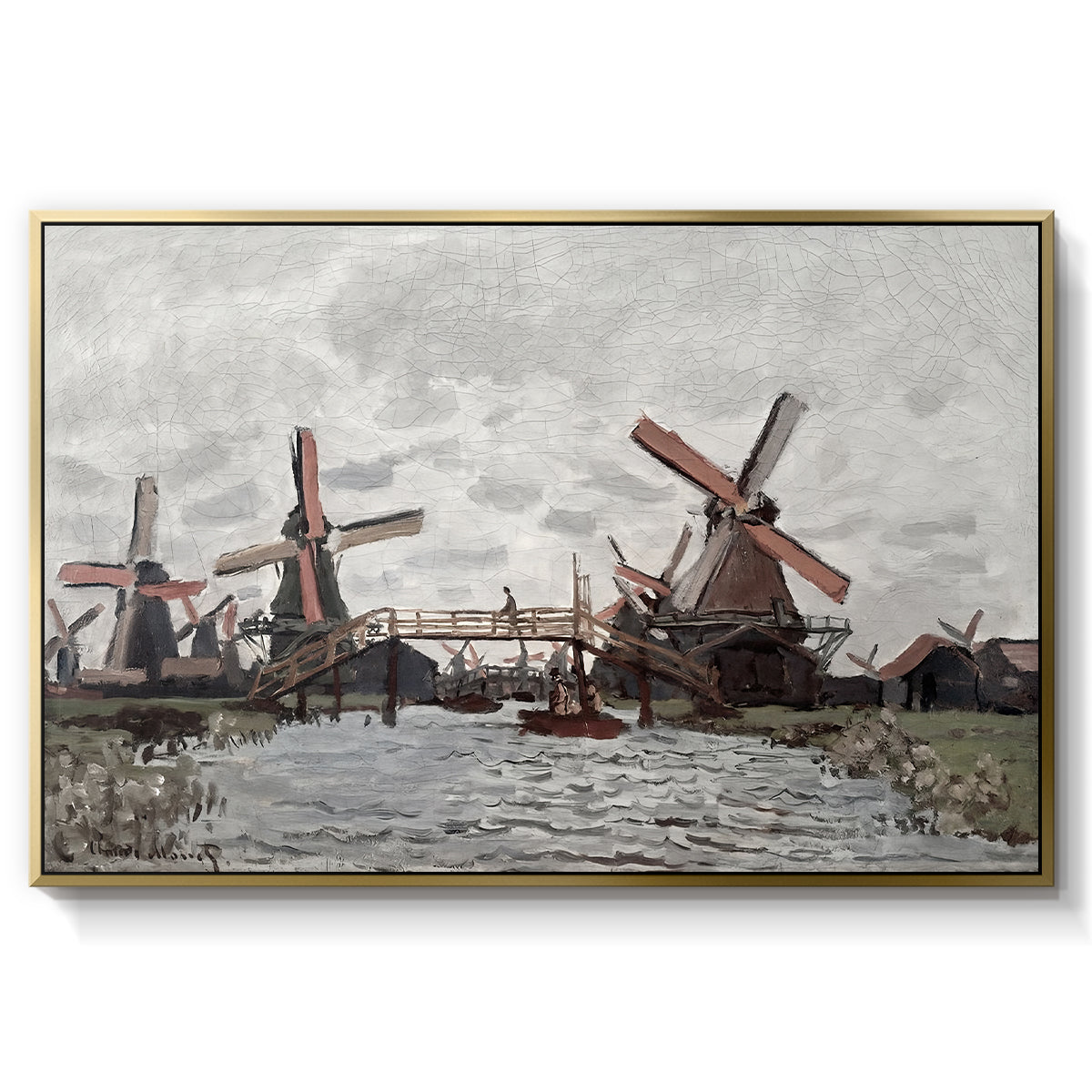 Windmills near Zaandam, 1871 by Claude Monet in a gold floater framed canvas wall art display.