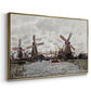 Angled view of Windmills near Zaandam, 1871 by Claude Monet in a gold floater framed canvas.