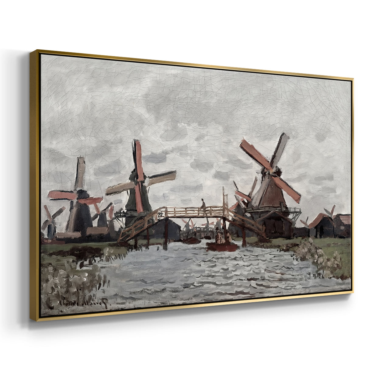 Angled view of Windmills near Zaandam, 1871 by Claude Monet in a gold floater framed canvas.