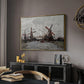 Windmills near Zaandam, 1871 by Claude Monet in a gold floater framed canvas featuring a countryside scene with traditional windmills and reflections, displayed above a desk in a dark home office interior.