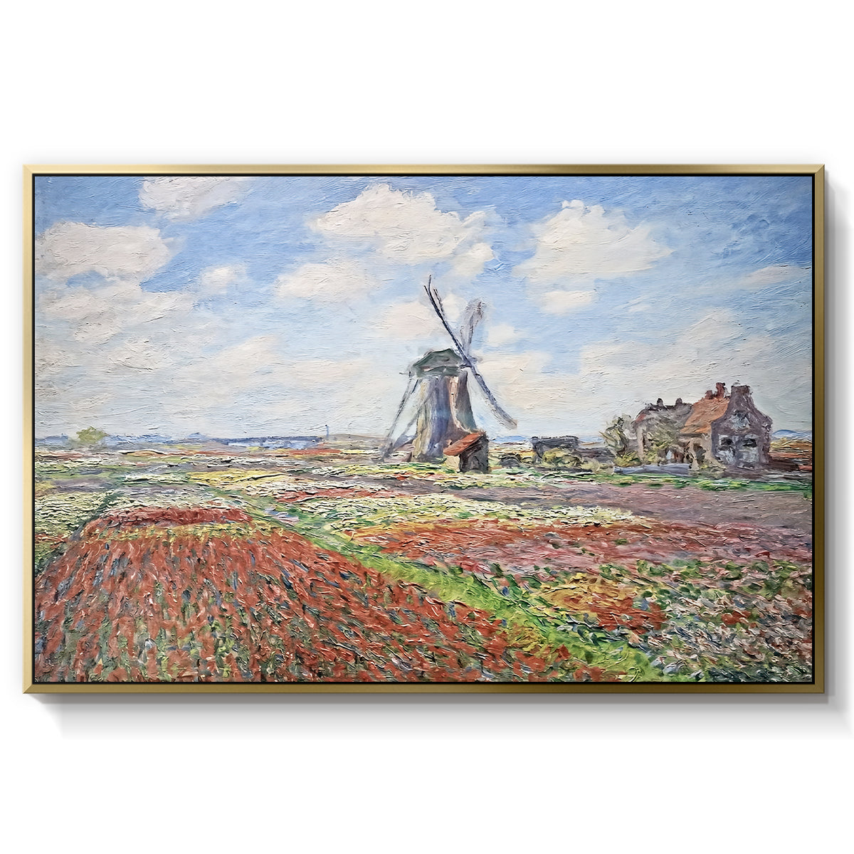 Tulip Fields with the Rijnsburg Windmill, 1886 by Claude Monet in a gold floater framed canvas wall art display.