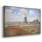 Angled view of Tulip Fields with the Rijnsburg Windmill, 1886 by Claude Monet in a gold floater framed canvas.