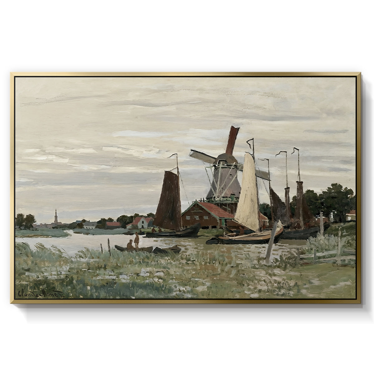 Windmill at Zaandam, 1871 by Claude Monet in a gold floater framed canvas wall art display.