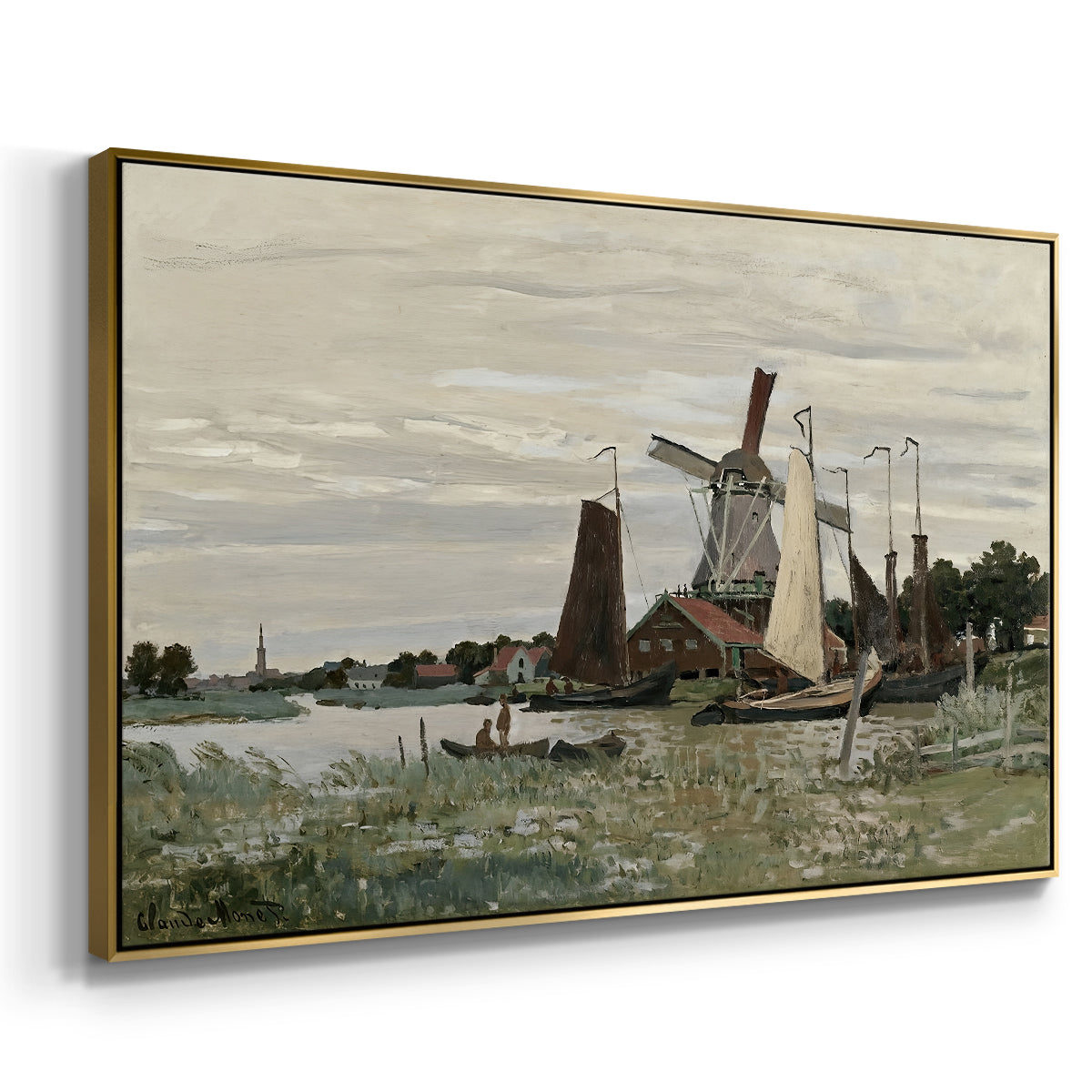 Angled view of Windmill at Zaandam, 1871 by Claude Monet in a gold floater framed canvas.