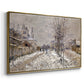 Angled view of The Boulevard de Pontoise at Argenteuil, Snow Effect, 1875 by Claude Monet in a gold floater framed canvas.