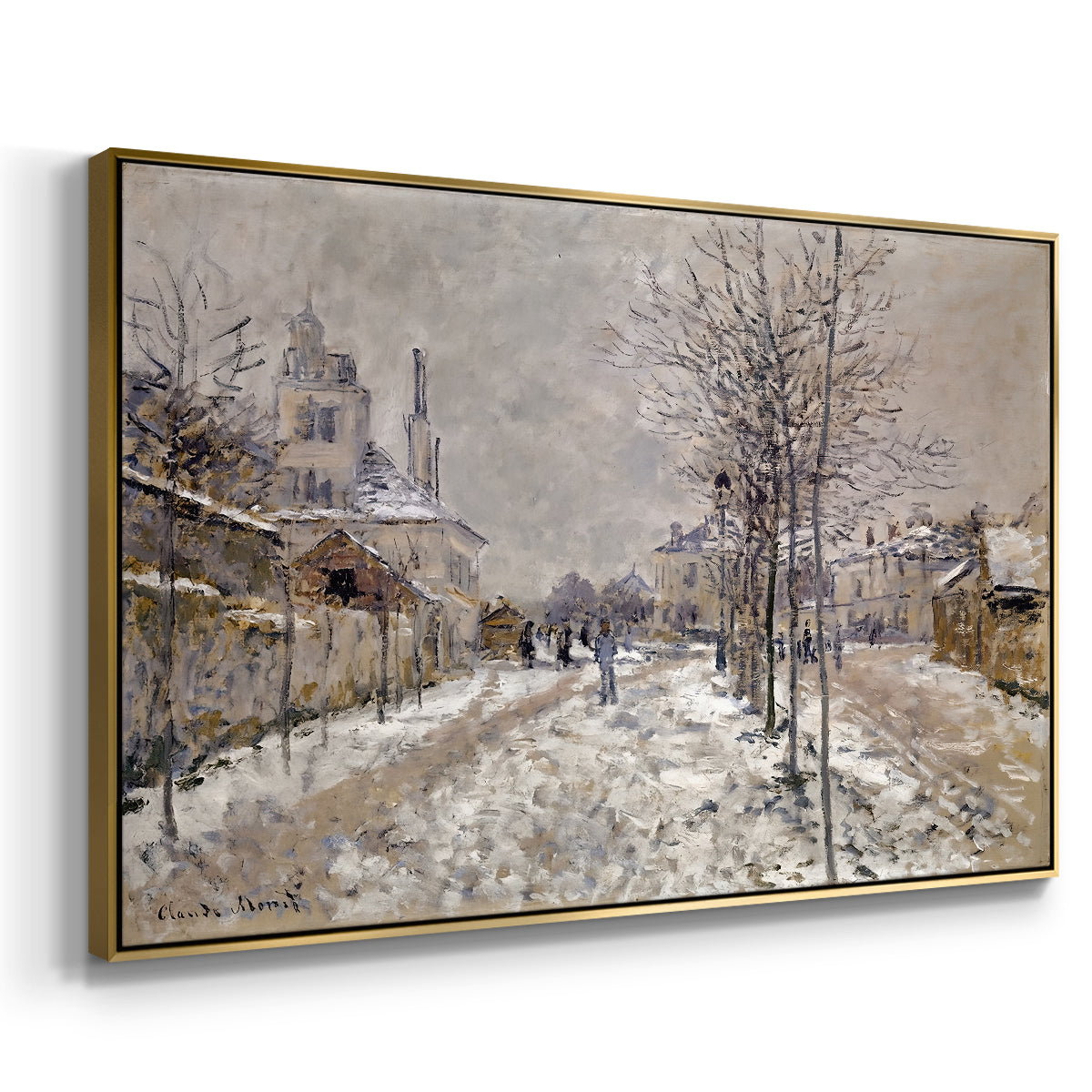Angled view of The Boulevard de Pontoise at Argenteuil, Snow Effect, 1875 by Claude Monet in a gold floater framed canvas.