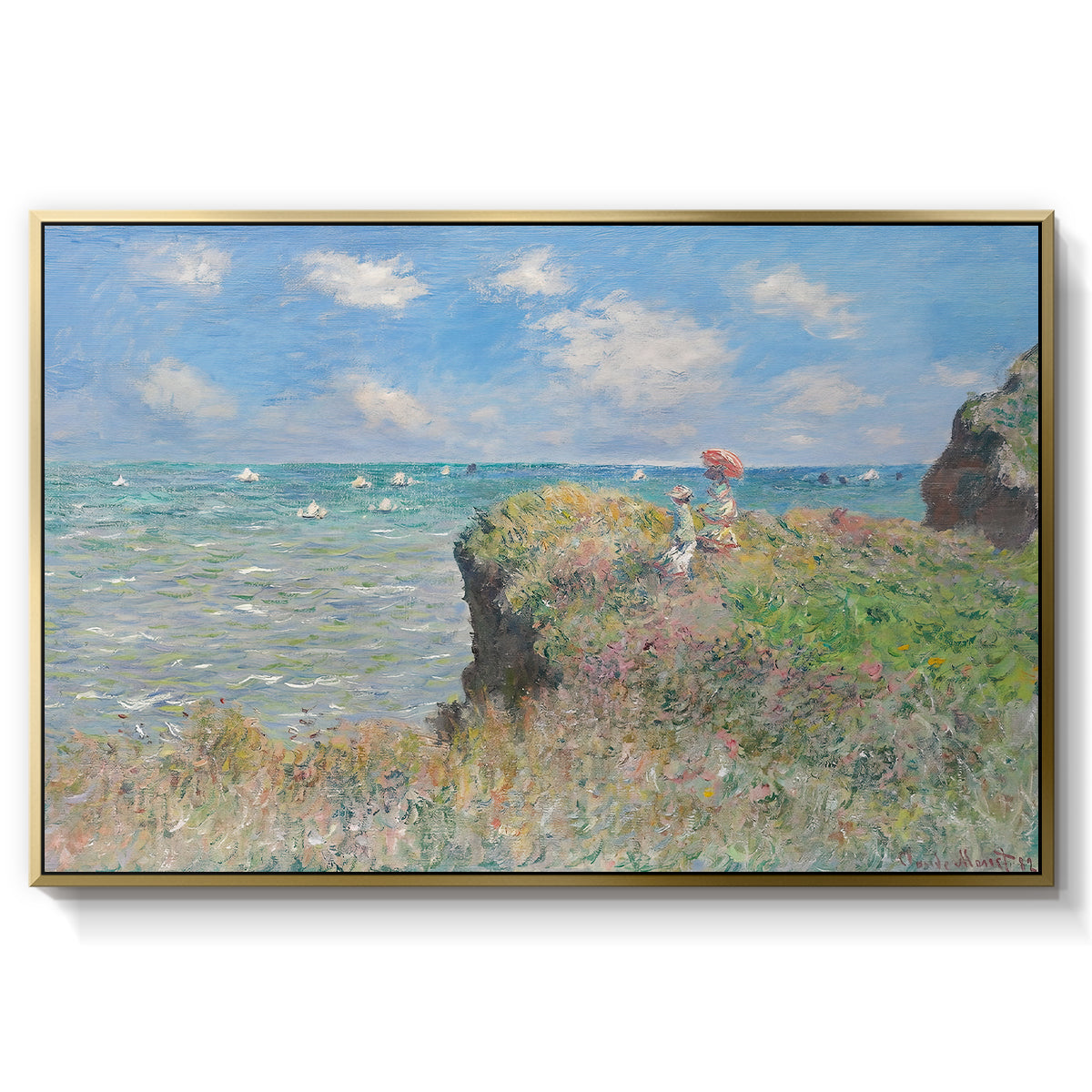 The Cliff Walk at Pourville, 1882 by Claude Monet in a gold floater framed canvas wall art display.
