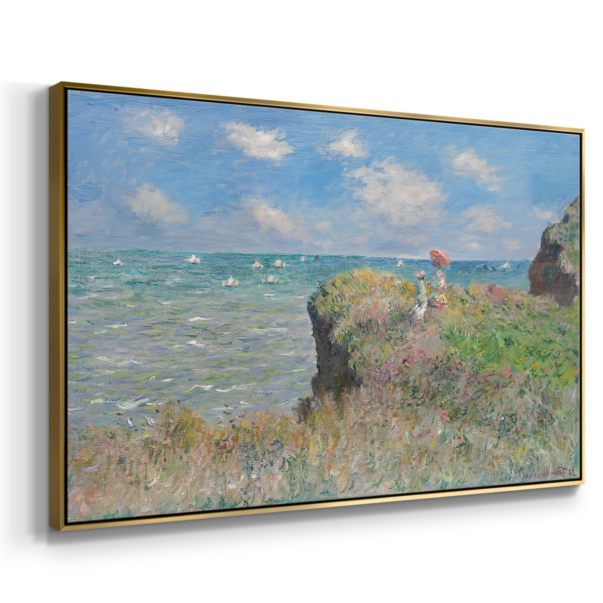 Angled view of The Cliff Walk at Pourville, 1882 by Claude Monet in a gold floater framed canvas.