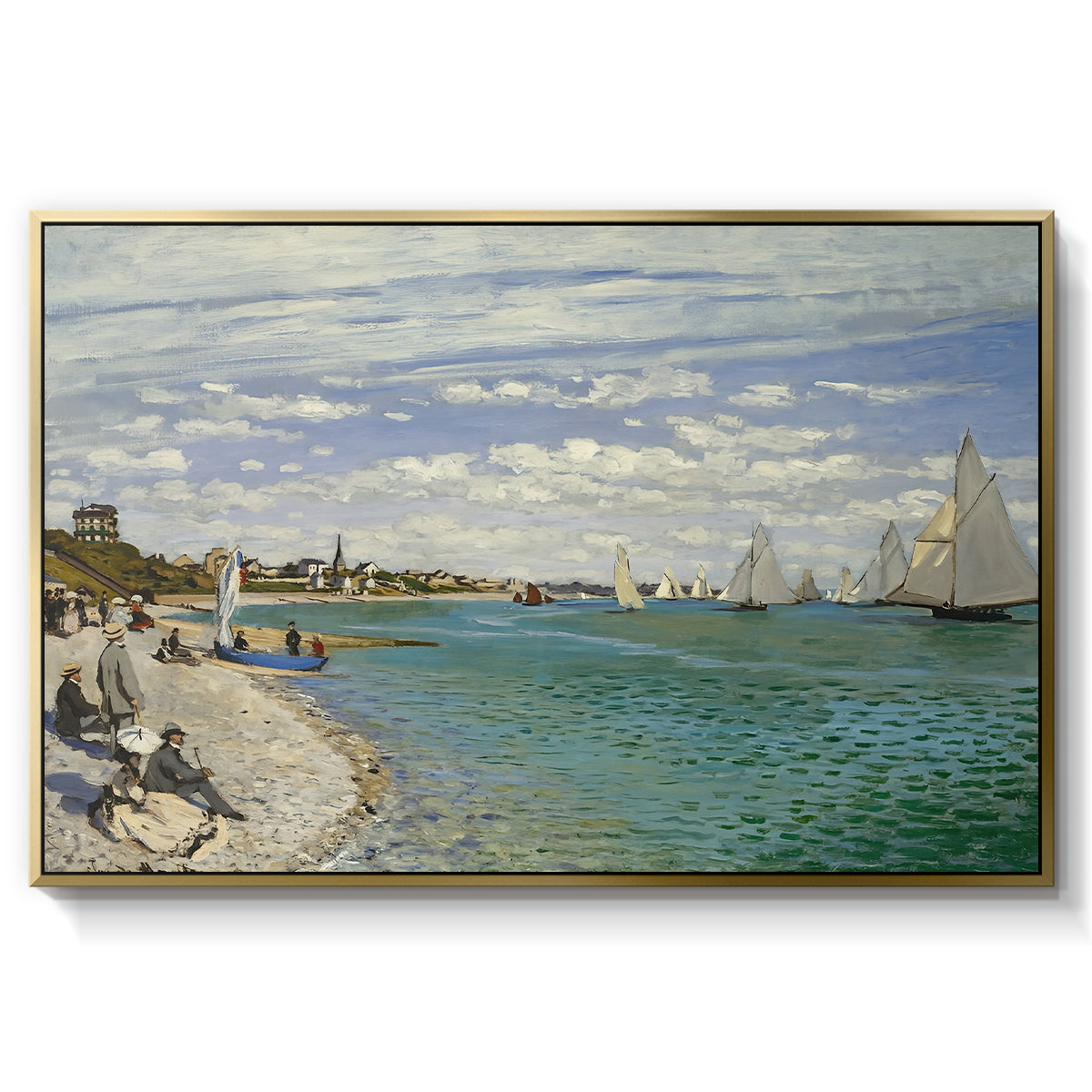 Regatta at Sainte-Adresse, 1867 by Claude Monet in a gold floater framed canvas wall art display.