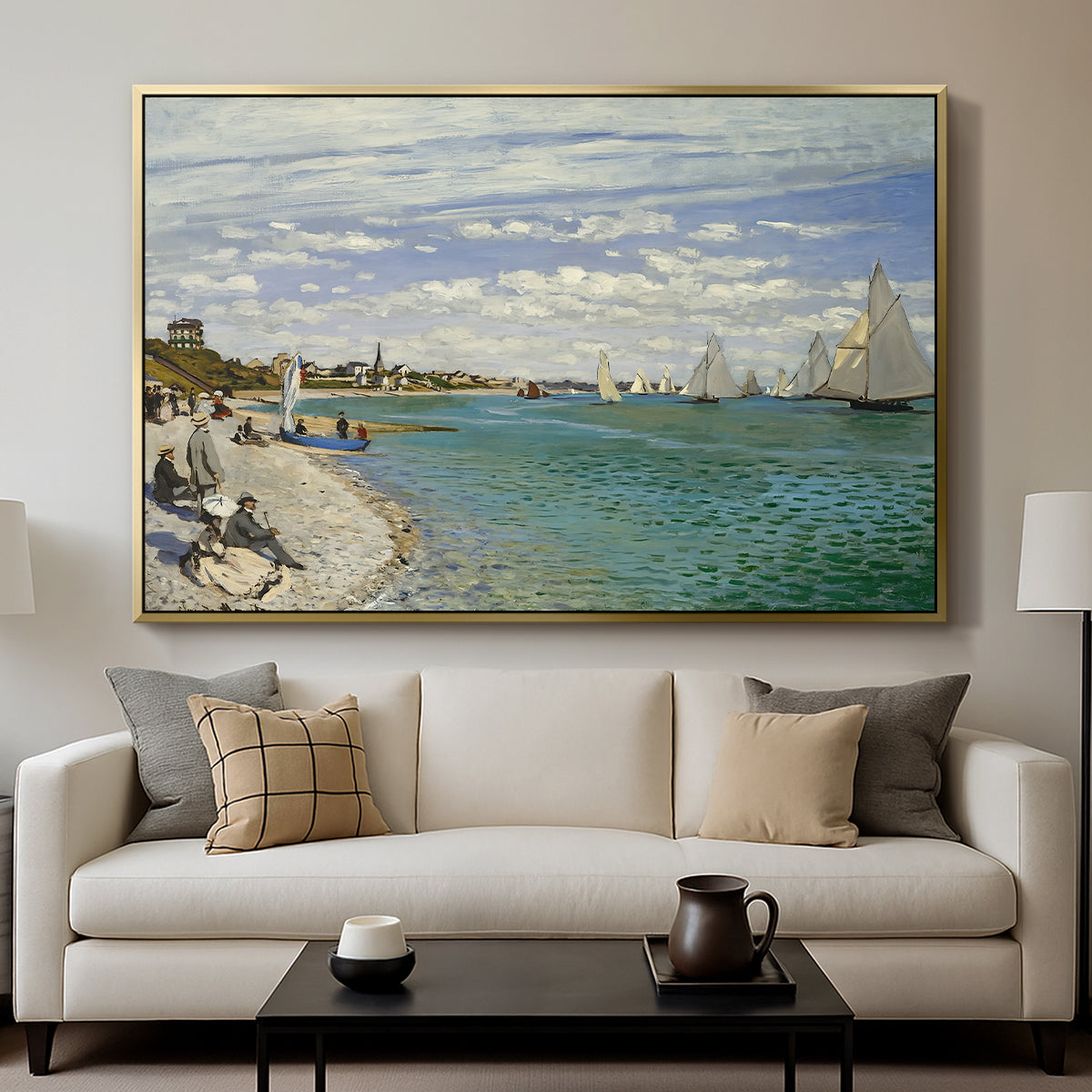 Regatta at Sainte-Adresse, 1867 by Claude Monet displayed in a gold floater framed canvas above a sofa in a clean living room.