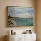 Gold floater framed canvas of Regatta at Sainte-Adresse, 1867 by Claude Monet, featuring a lively regatta scene with boats and people on beach above a console cabinet in a minimalist entryway.