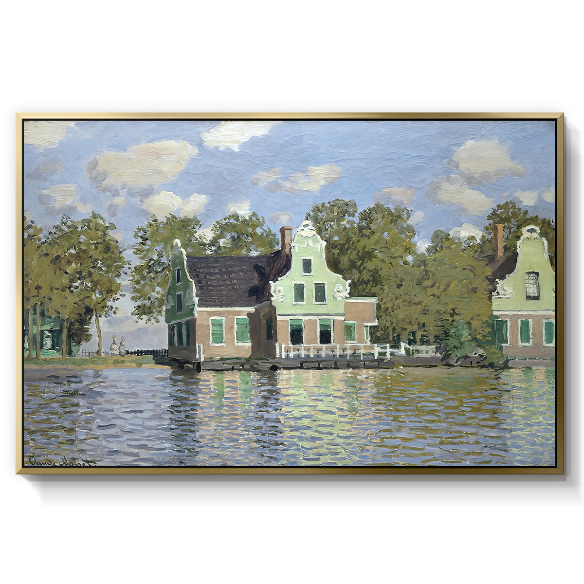 Houses on the Zaan River at Zaandam, 1871 by Claude Monet in a gold floater framed canvas wall art display.