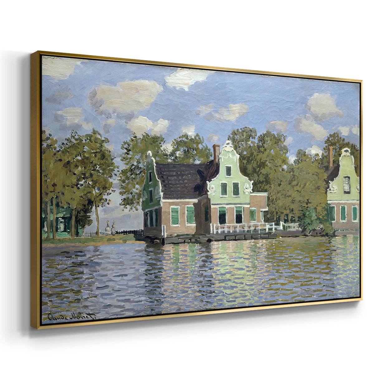Angled view of Houses on the Zaan River at Zaandam, 1871 by Claude Monet in a gold floater framed canvas.