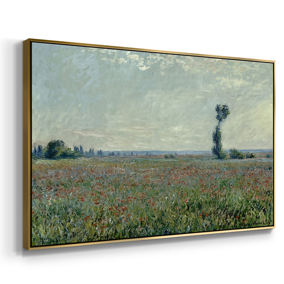 Angled view of Poppy Field, 1881 by Claude Monet in a gold floater framed canvas.