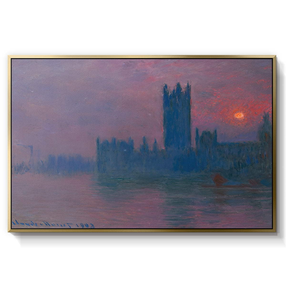 The Houses of Parliament, Sunset, 1903 by Claude Monet in a gold floater framed canvas wall art display.