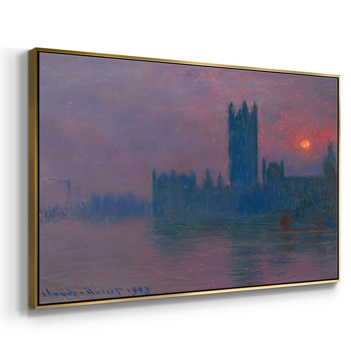 Angled view of The Houses of Parliament, Sunset, 1903 by Claude Monet in a gold floater framed canvas.