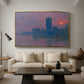 The Houses of Parliament, Sunset, 1903 by Claude Monet as a gold floater framed canvas featuring a silhouette of Parliament buildings against glowing sunset across river, displayed above a sofa in a modern living room.