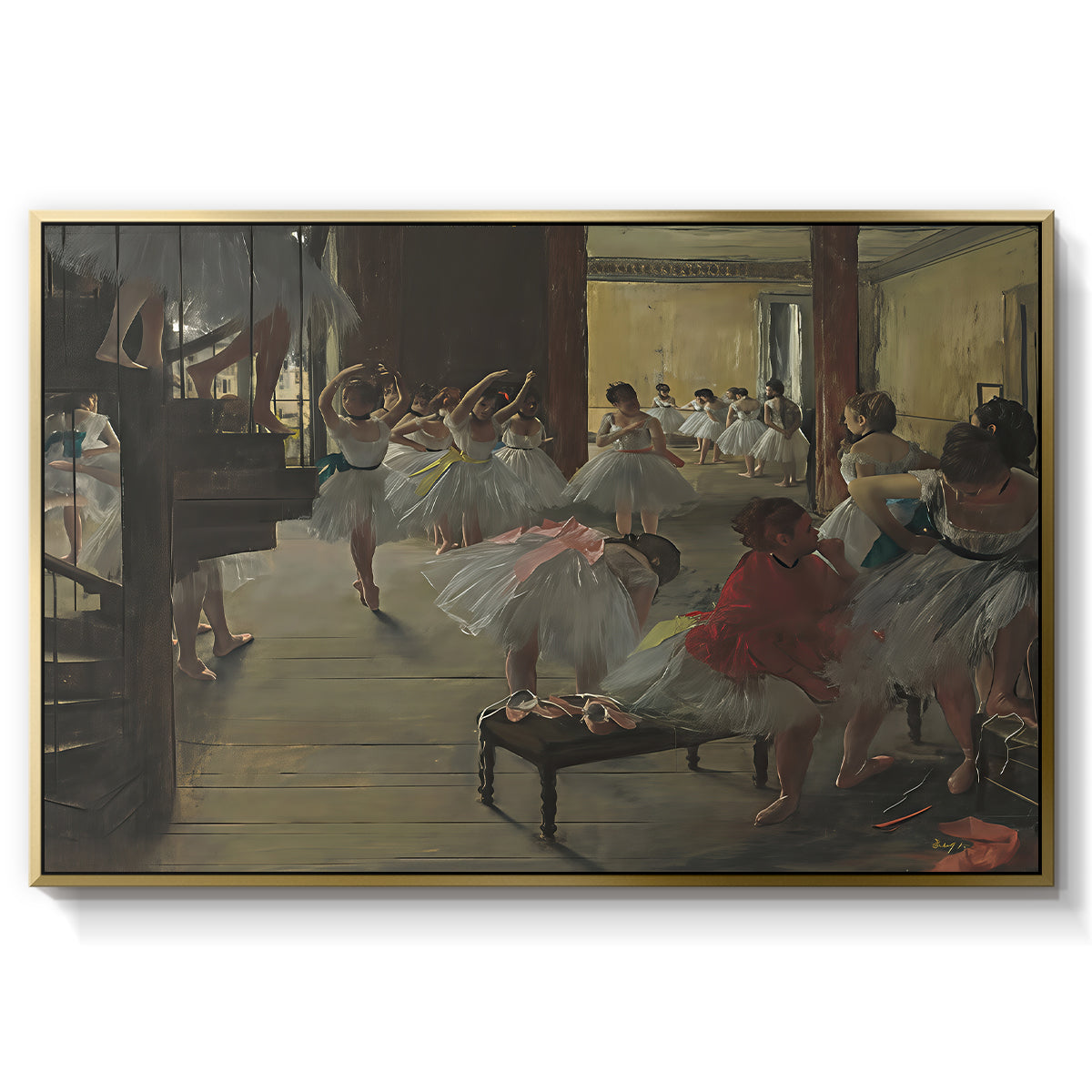 The Dance Class, c. 1873 by Edgar Degas in a gold floater framed canvas wall art display.
