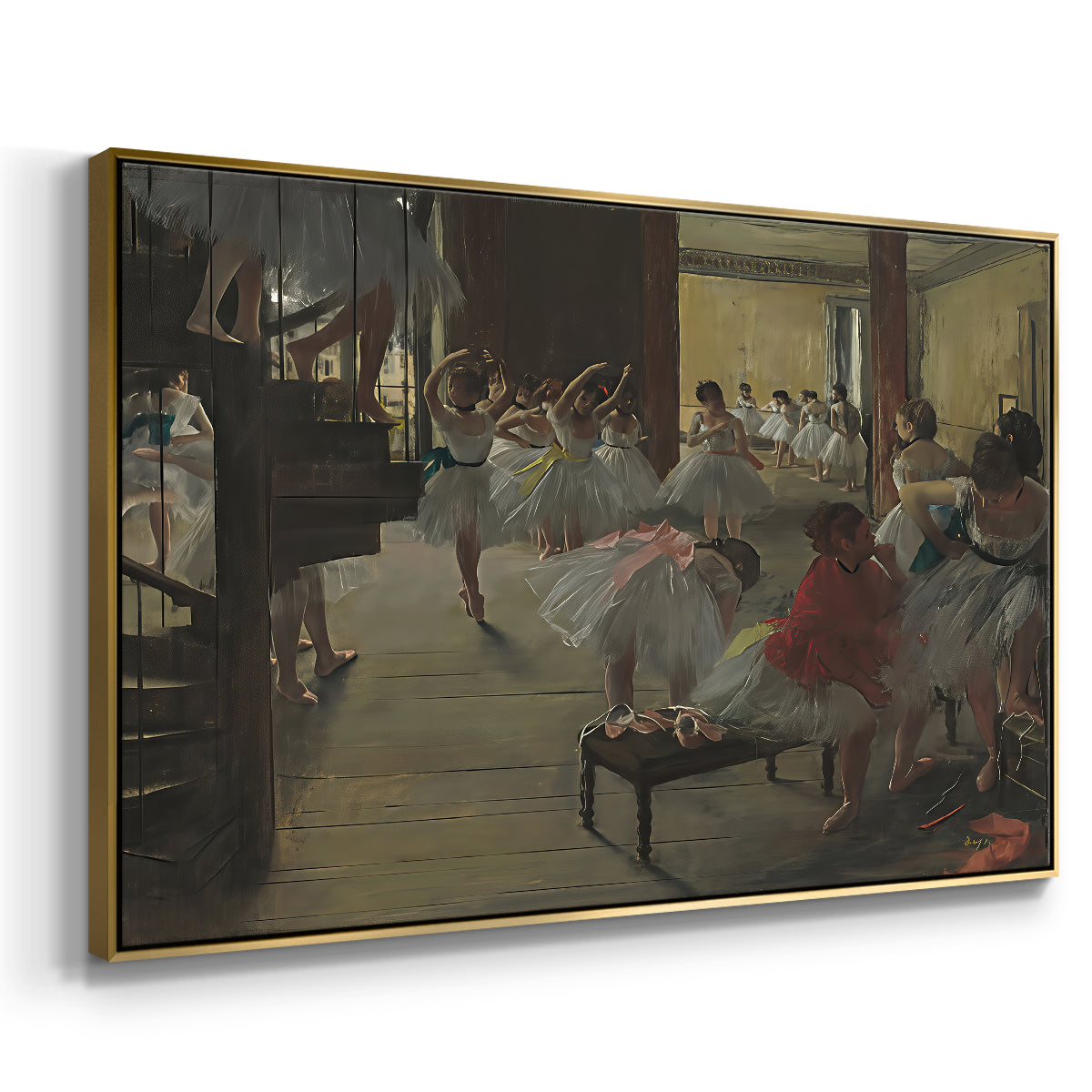 Angled view of The Dance Class, c. 1873 by Edgar Degas in a gold floater framed canvas.