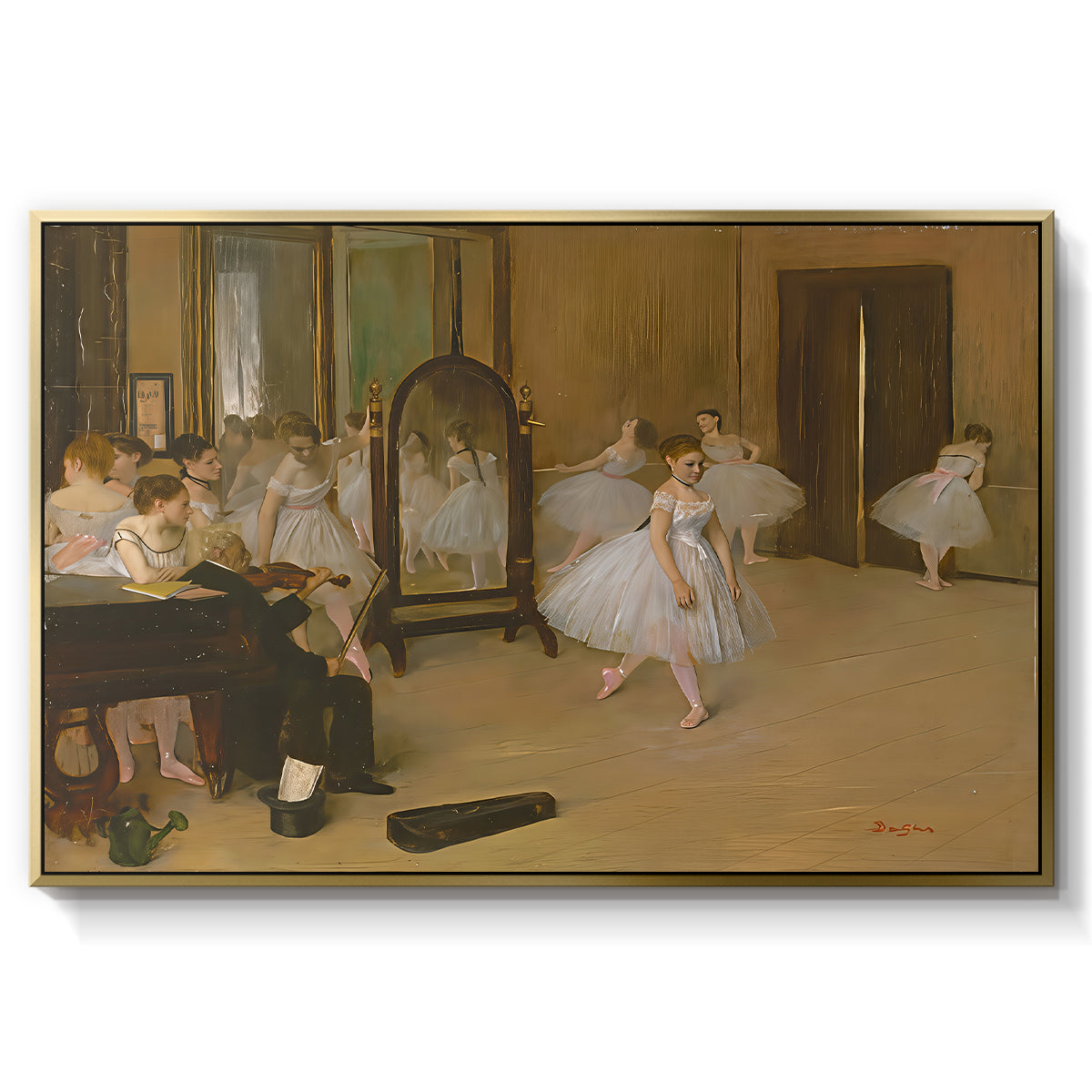 The Dancing Class, c. 1870 by Edgar Degas in a gold floater framed canvas wall art display.