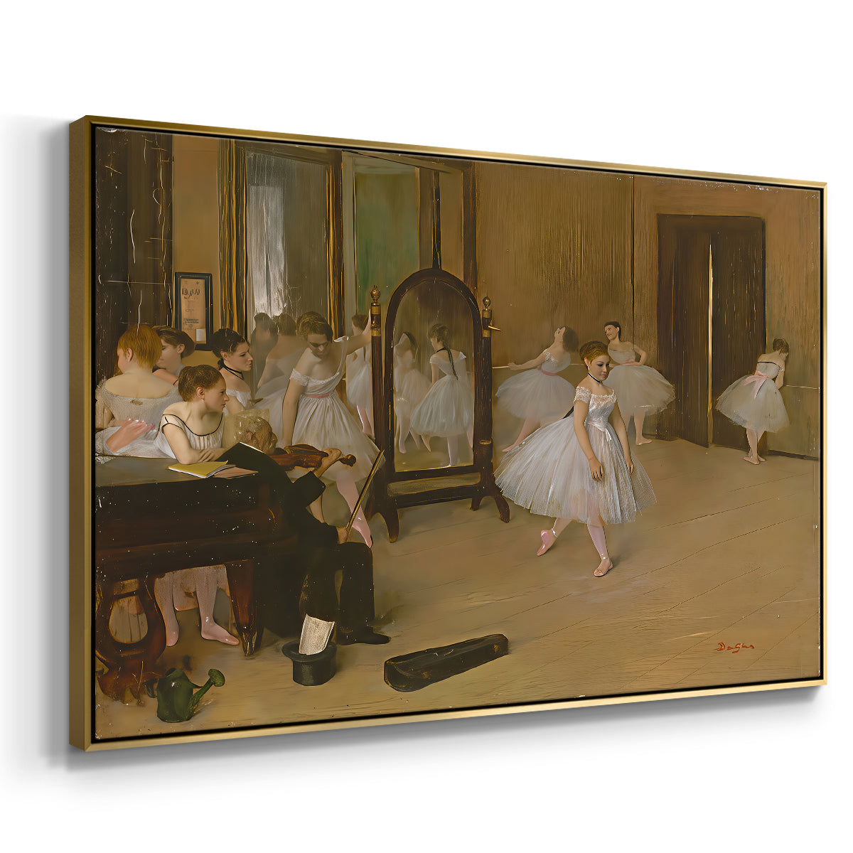 Angled view of The Dancing Class, c. 1870 by Edgar Degas in a gold floater framed canvas.