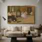 The Dancing Class, c. 1870 by Edgar Degas as a gold floater framed canvas featuring a ballet class with dancers practicing positions under instructor guidance, displayed above a sofa in a modern living room.