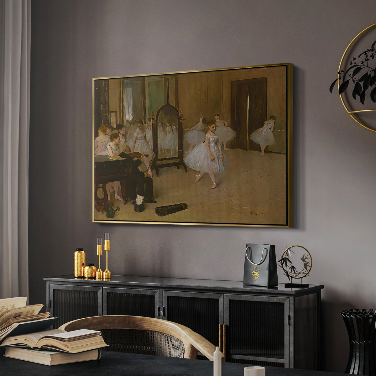 The Dancing Class, c. 1870 by Edgar Degas in a gold floater framed canvas featuring an impressionist interior capturing movement and discipline of dancers, displayed above a desk in a dark home office interior.