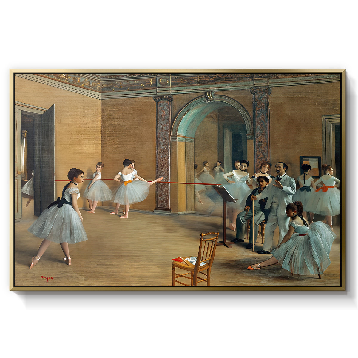 The Dance Foyer at the Opera on the Rue Le Peletier, 1872 by Edgar Degas in a gold floater framed canvas wall art display.