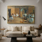 The Dance Foyer at the Opera on the Rue Le Peletier, 1872 by Edgar Degas as a gold floater framed canvas featuring ballet dancers gathered in rehearsal hall with mirrors and columns, displayed above a sofa in a modern living room.