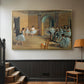 Gold floater framed canvas featuring an elegant rehearsal space with dancers in soft lighting, displayed in a hallway near a staircase.