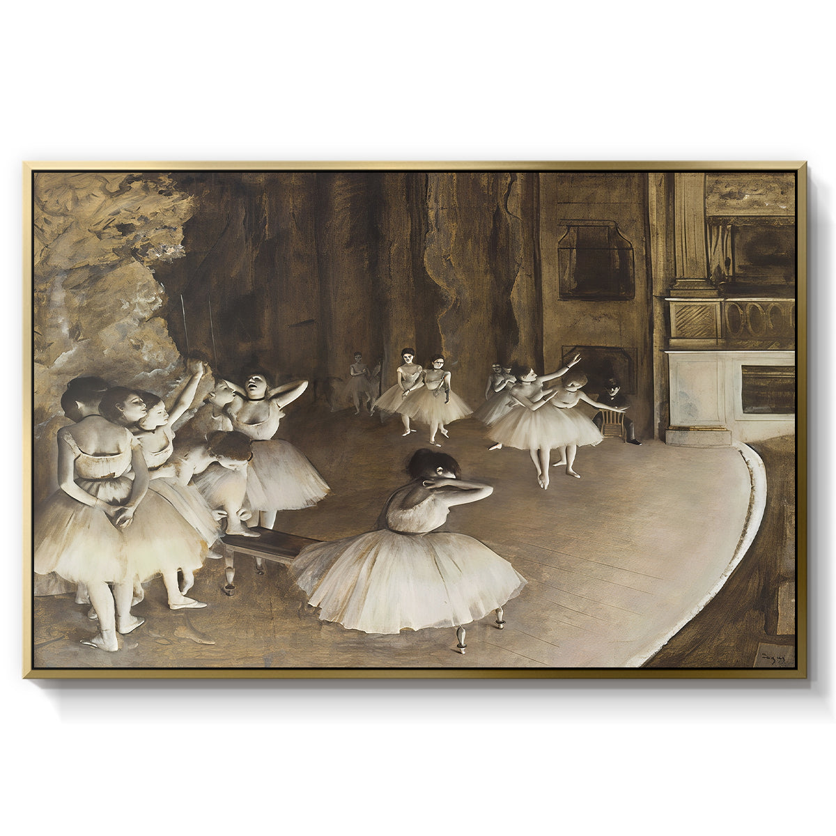 The Rehearsal of the Ballet Onstage, 1874 by Edgar Degas in a gold floater framed canvas wall art display.