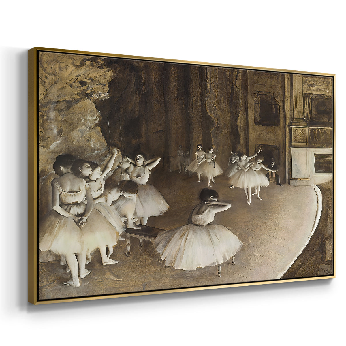 Angled view of The Rehearsal of the Ballet Onstage, 1874 by Edgar Degas in a gold floater framed canvas.