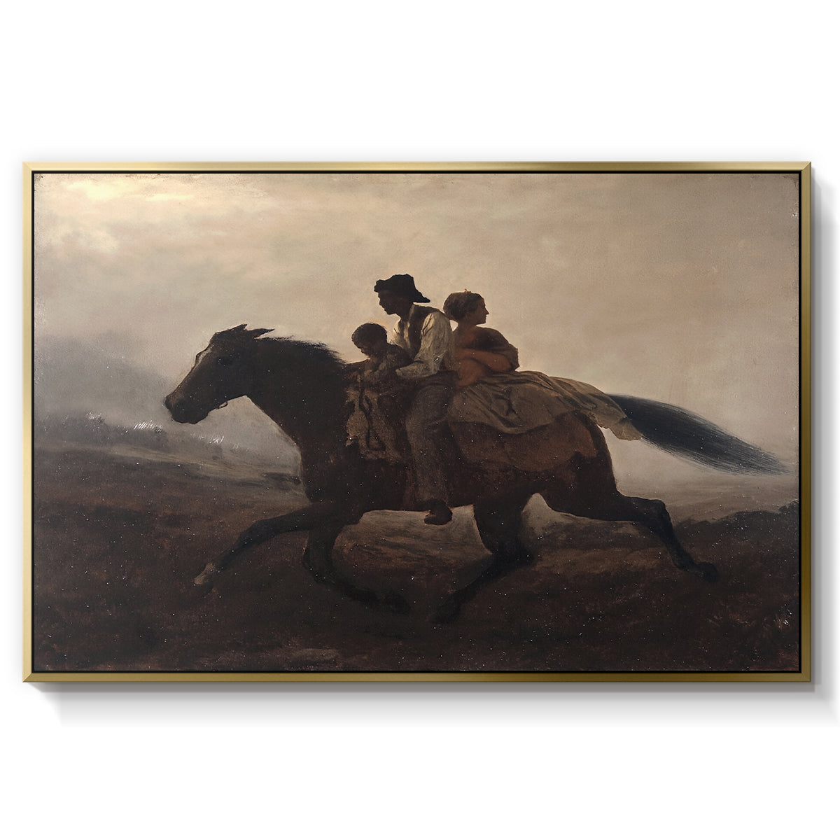 A Ride for Liberty – The Fugitive Slaves, c. 1862 by Eastman Johnson in a gold floater framed canvas wall art display.