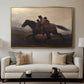 A Ride for Liberty – The Fugitive Slaves, c. 1862 by Eastman Johnson displayed in a gold floater framed canvas above a sofa in a clean living room.
