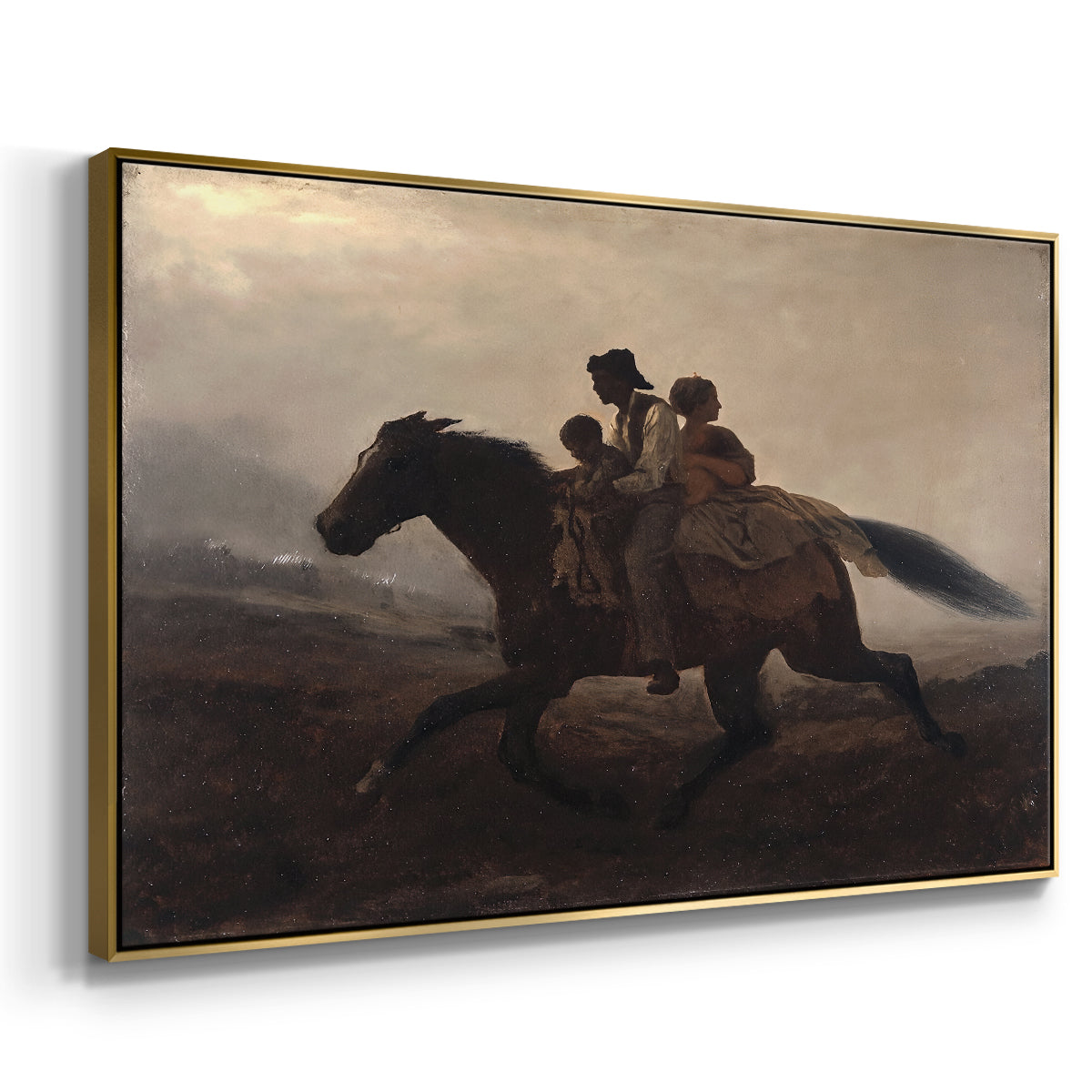 Angled view of A Ride for Liberty – The Fugitive Slaves, c. 1862 by Eastman Johnson in a gold floater framed canvas.