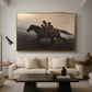 A Ride for Liberty – The Fugitive Slaves, c. 1862 by Eastman Johnson as a gold floater framed canvas featuring a family riding horseback through night escaping across landscape, displayed above a sofa in a modern living room.