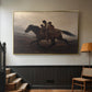 Gold floater framed canvas featuring figures on horse moving swiftly through shadowy landscape, displayed in a hallway near a staircase.