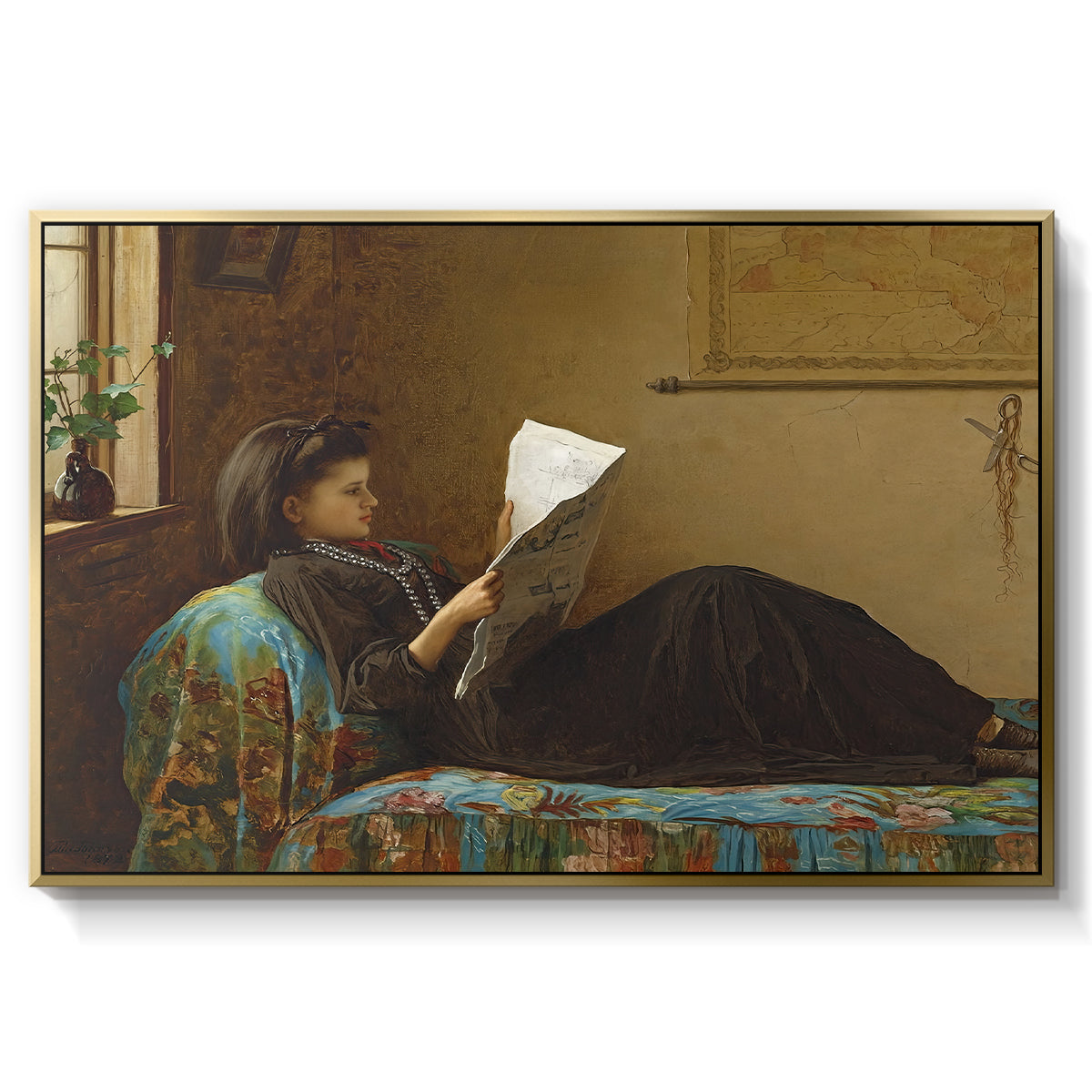 Interesting News, 1872 by Eastman Johnson in a gold floater framed canvas wall art display.