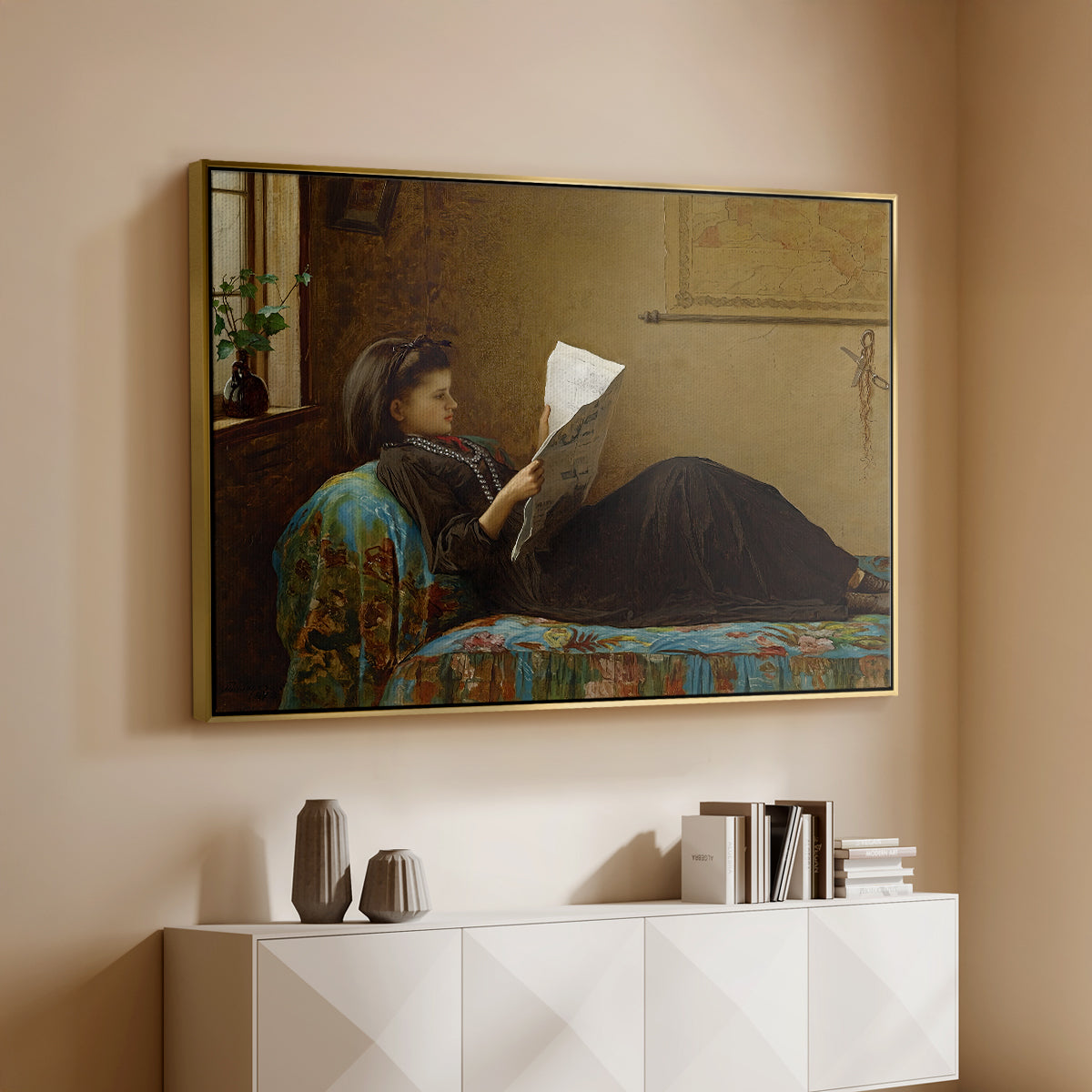 Gold floater framed canvas of Interesting News, 1872 by Eastman Johnson, featuring a domestic scene with figures reacting to shared news above a console cabinet in a minimalist entryway.