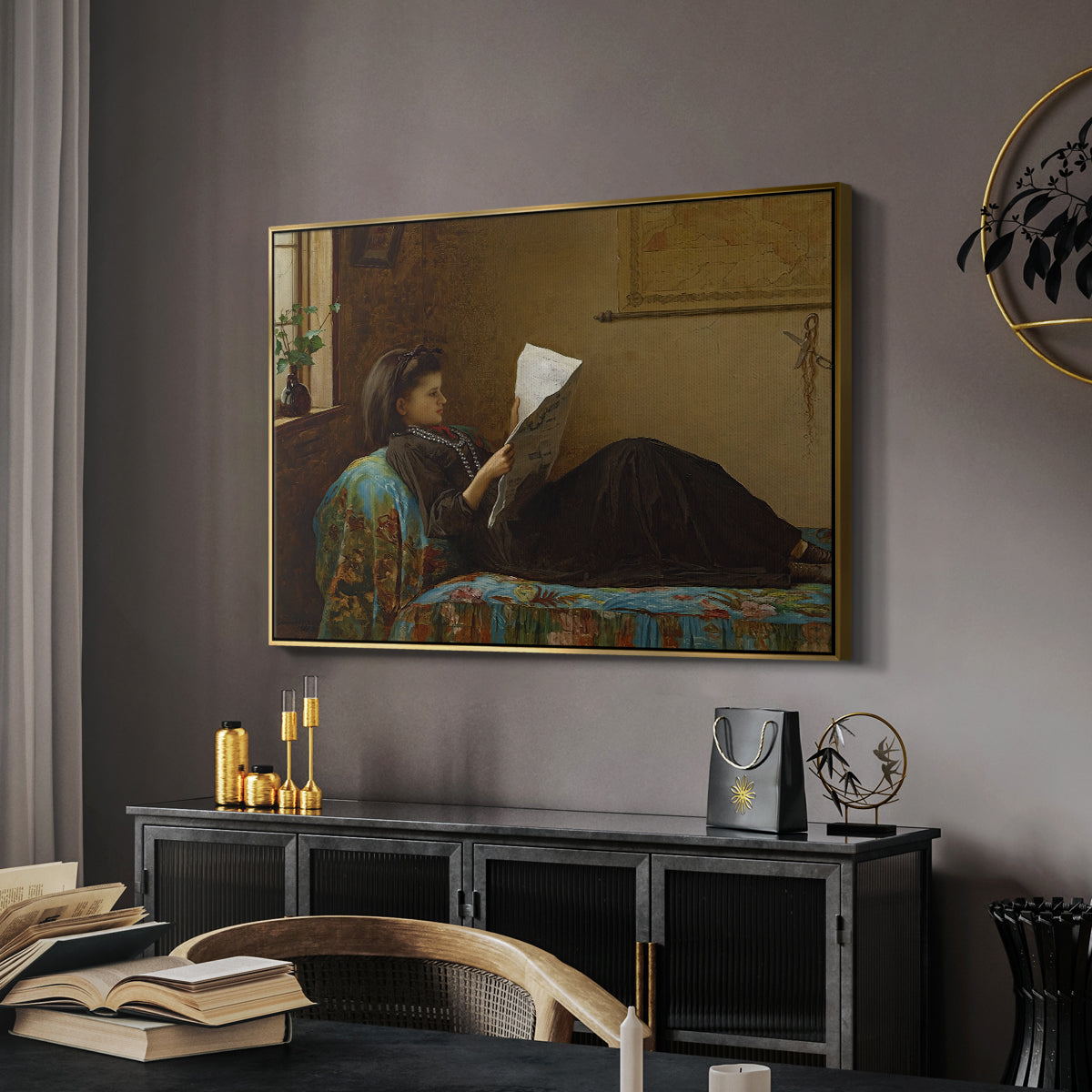 Interesting News, 1872 by Eastman Johnson in a gold floater framed canvas featuring an Americana interior with people focused on printed page, displayed above a desk in a dark home office interior.